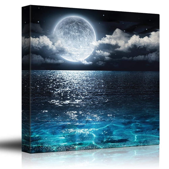 wall26 Canvas Print Wall Art Mystic Full Moon Over Blue Night Ocean Astronomy &amp; Space Sky Digital Art Modern Art Global Scenic Colorful Multicolor for Living Room, Bedroom, Office - 16"x16&q