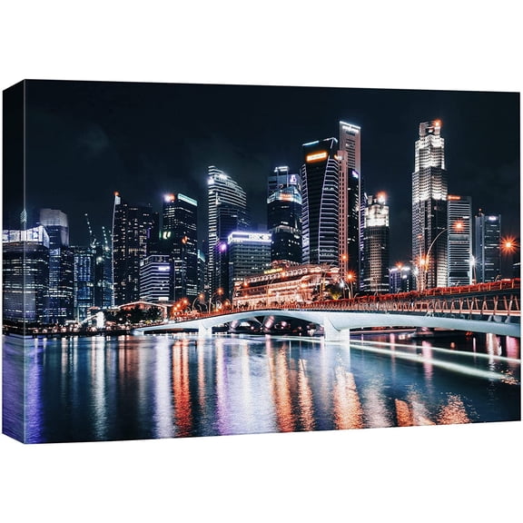 wall26 Canvas Print Wall Art Neon Bright Singapore Night Bay Architecture Cityscape Photography Realism Rustic Scenic Landscape Modern Relax/Calm Colorful for Living Room, Bedroom, Office - 16"x