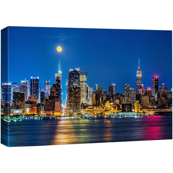 wall26 Canvas Print Wall Art Neon Rainbow Night NYC Skyline Architecture Cityscape Photography Realism Rustic Scenic Landscape Modern Relax/Calm Colorful for Living Room, Bedroom, Office - 32"x4