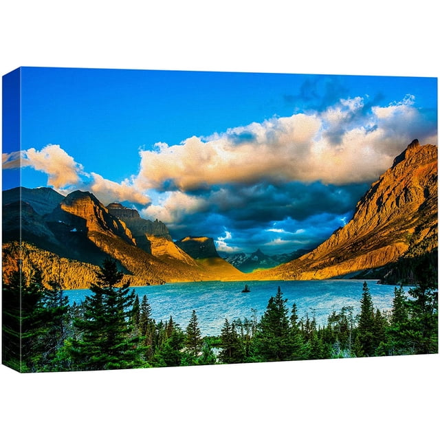 wall26 Canvas Print Wall Art Neon Sunset Mountain Forest Lake Valley ...