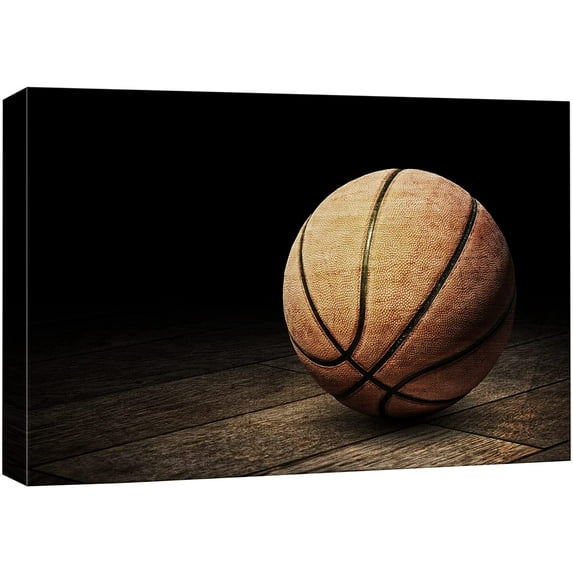 wall26 Canvas Print Wall Art Orange Basketball on Dark Wood Grain Panels Sports & Fitness Athletes Photography Realism Boy's Bedroom Decorative Urban Rustic for Living Room, Bedroom, Office - 16&
