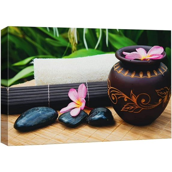 wall26 Canvas Print Wall Art Ornamental Flower Pot Pink Lily Flower Spa Stones Nature Wilderness Photography Realism Rustic Landscape Colorful Multicolor for Living Room, Bedroom, Office - 32"x4