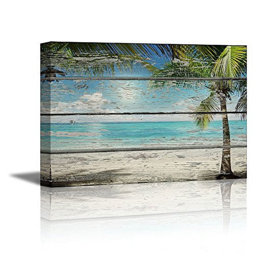 wall26 Canvas Print Wall Art Palm Tree & Blue Ocean on Wood Panels ...