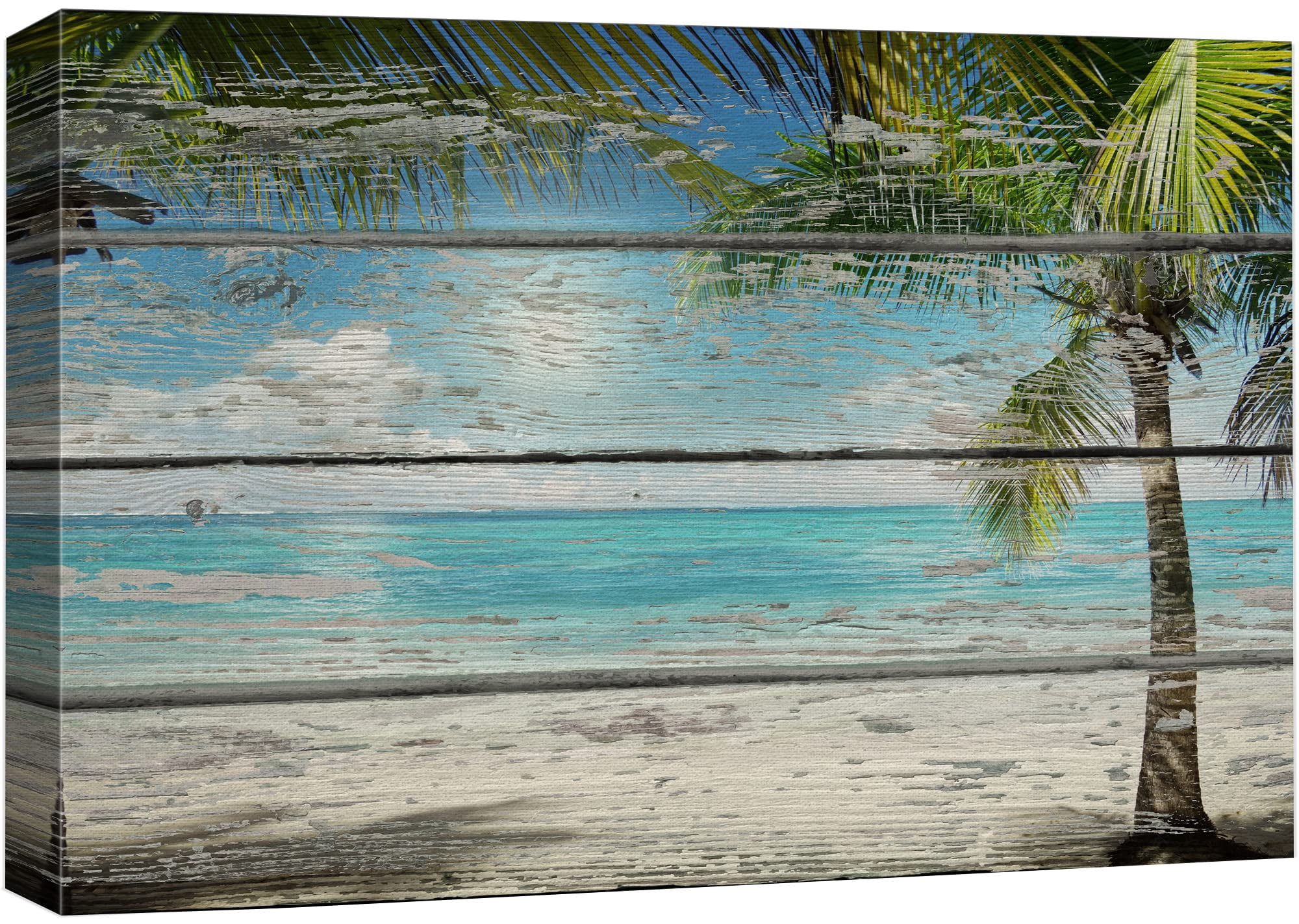 wall26 Canvas Print Wall Art Palm Tree & Blue Ocean on Wood Panels ...