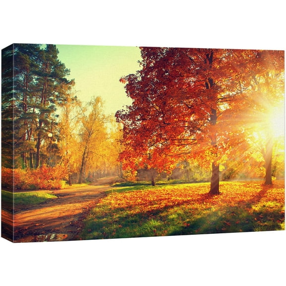 wall26 Canvas Print Wall Art Path Through Red &amp; Orange Autumn Park Nature Wilderness Photography Modern Art Rustic Scenic Colorful Multicolor for Living Room, Bedroom, Office - 32"x48"