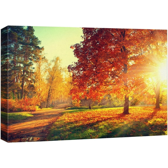 wall26 Canvas Print Wall Art Path Through Red &amp; Orange Autumn Park Nature Wilderness Photography Modern Art Rustic Scenic Colorful Multicolor for Living Room, Bedroom, Office - 12"x18"