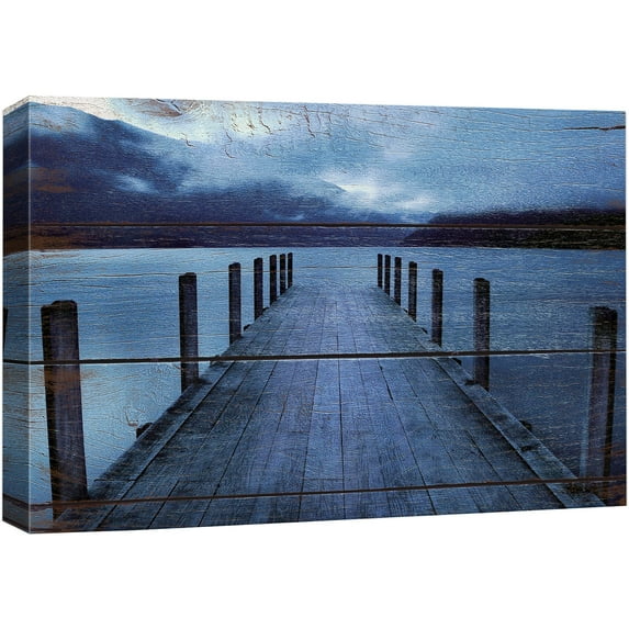 wall26 Canvas Print Wall Art Pier on Blue Ocean Horizon on Wood Panels Nature Wilderness Mixed Media Modern Art Rustic Relax/Calm Multicolor for Living Room, Bedroom, Office - 32"x48"