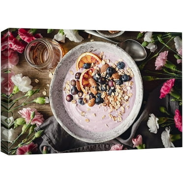 wall26 Canvas Print Wall Art Pink Berry Orange Yogurt Oat Rose Flowers Food &amp; Cooking Kitchen Photography Realism Decorative Scenic Rustic Zen Calm Colorful for Living Room, Bedroom, Office - 16&