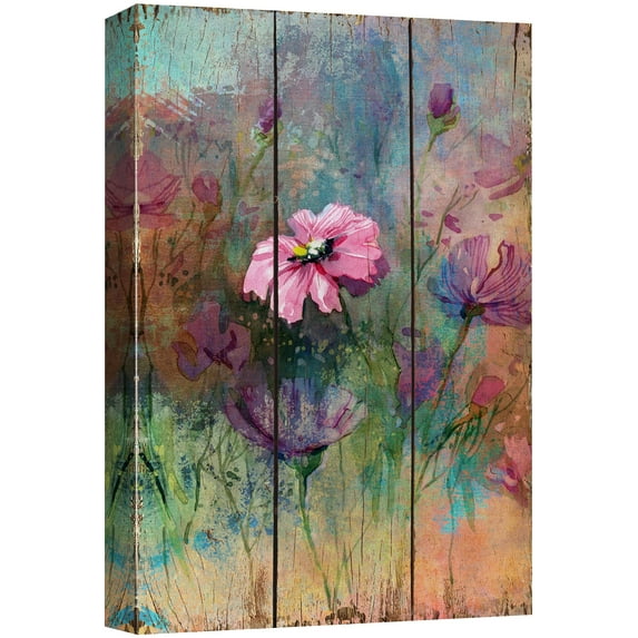 wall26 Canvas Print Wall Art Pink Watercolor Flower Field on Wood Panels Nature Wilderness Digital Art Realism Chic Colorful Multicolor Ultra for Living Room, Bedroom, Office - 24"x36"