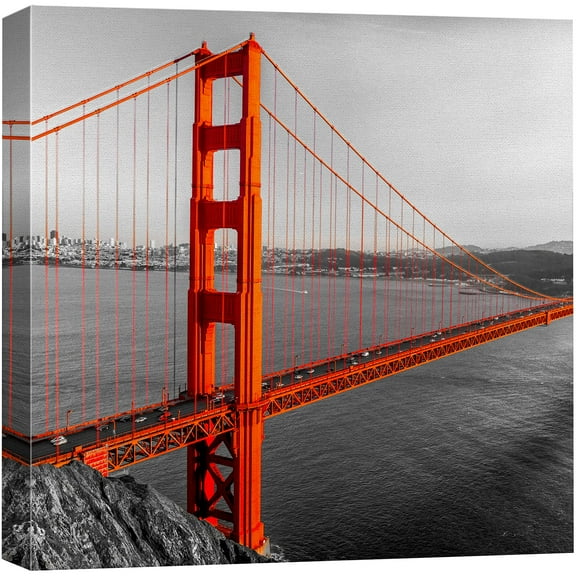 wall26 Canvas Print Wall Art Pop of Color Red Golden Gate Bridge Architecture &amp; Maps Cities Photography Realism Chic Scenic Relax/Calm Multicolor for Living Room, Bedroom, Office - 24"x24&qu