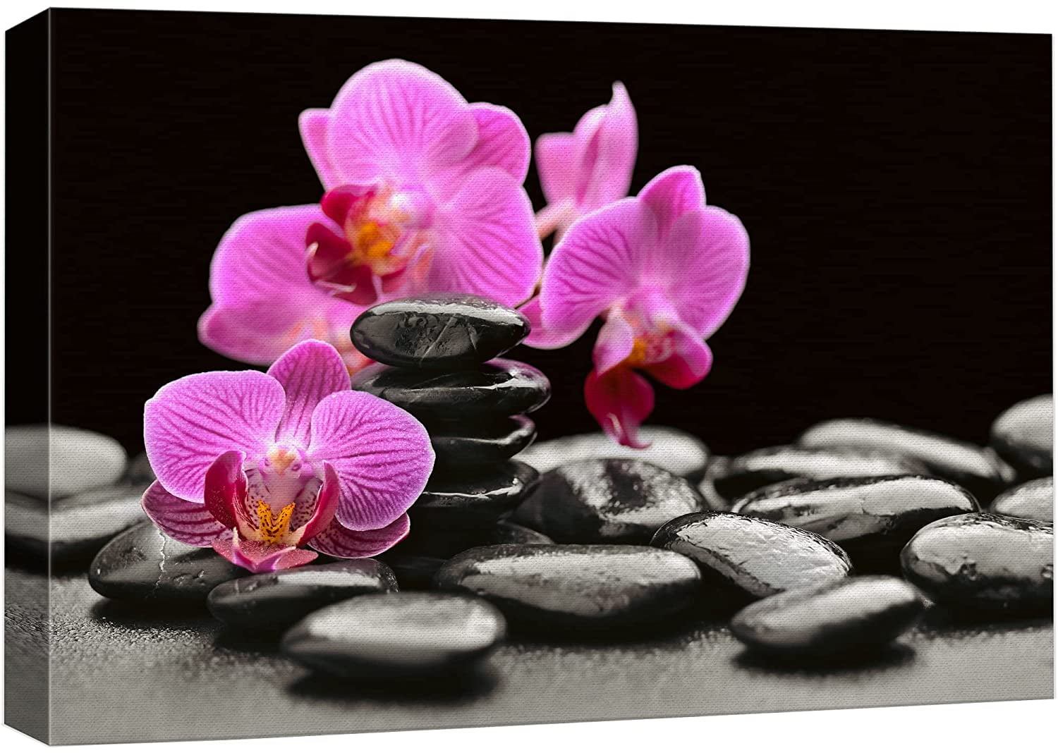 Purple Orchid Flowers and Black Beach Pebbles Landscape Canvas Print