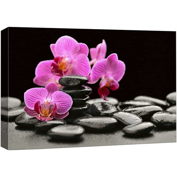 wall26 Canvas Print Wall Art Purple Orchid Flowers Zen Black Beach Pebbles Nature Wilderness Photography Realism Rustic Landscape Colorful Neon Multicolor for Living Room, Bedroom, Office - 24"x