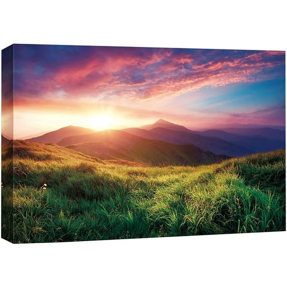 wall26 Canvas Print Wall Art Purple and Red Sunrise Over Blue Green Mountains & Valley Nature Floral Photography Realism Rustic Colorful Multicolor Ultra for Living Room, Bedroom, Office - 16&quo