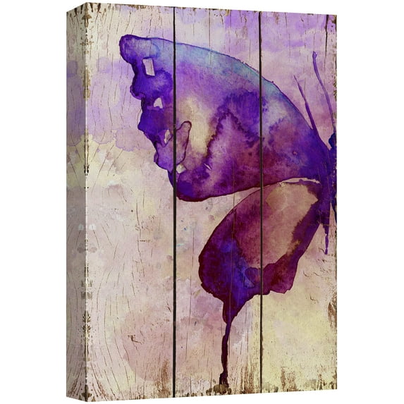 wall26 Canvas Print Wall Art Purple Watercolor Butterfly on Wood Panels Nature Wilderness Digital Art Realism Chic Colorful Multicolor Ultra for Living Room, Bedroom, Office - 24"x36"