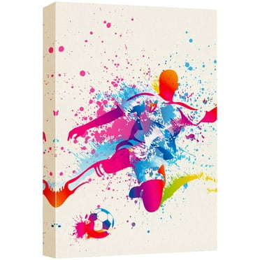 wall26 Canvas Print Wall Art Rainbow Paint Splatter Soccer Player Sports Athletes Digital Art Modern Art Rustic Scenic Urban Exercise Colorful for Living Room, Bedroom, Office - 16&quot;x24&quot;