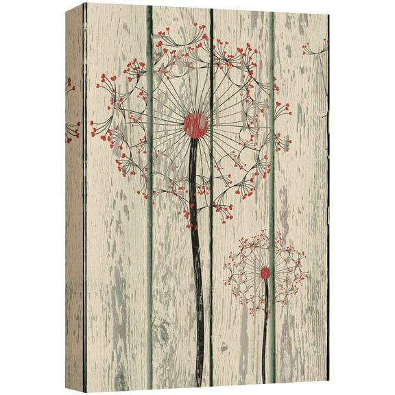 wall26 Canvas Print Wall Art Red Dandelion Duo on Wood Panels Floral Flower Illustrations Modern Art Rustic Scenic Relax/Calm Multicolor for Living Room, Bedroom, Office - 16"x24"