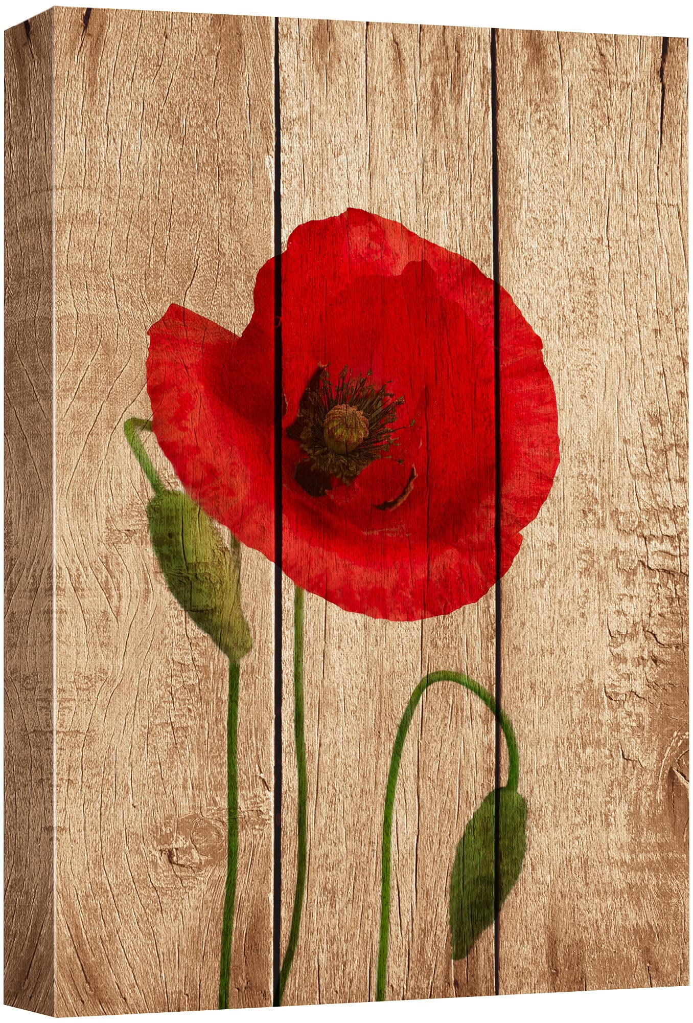 wall26 Canvas Print Wall Art Red Poppy Flower Close Up on Wood Panels ...