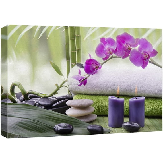 wall26 Canvas Print Wall Art Relaxing Purple Orchid Flower Massage Towels Bamboo Nature Wilderness Photography Realism Rustic Landscape Colorful Multicolor for Living Room, Bedroom, Office - 16"