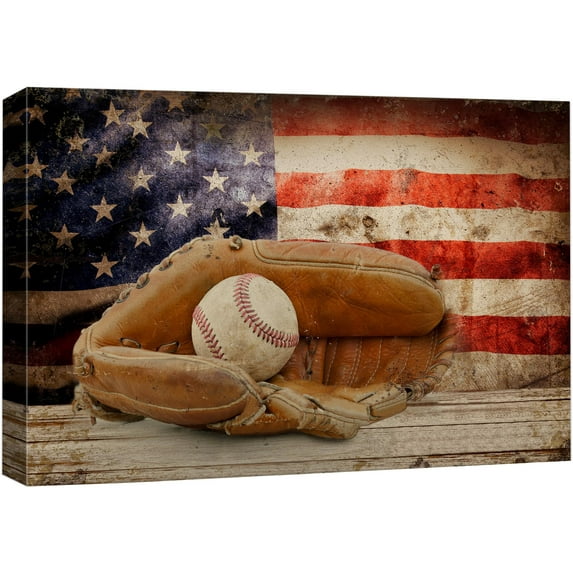wall26 Canvas Print Wall Art Retro Grunge Baseball & Flag on Wood Panels Sports Athletes Photography Modern Art Contemporary Scenic Urban Multicolor for Living Room, Bedroom, Office - 12"x18