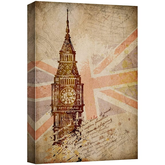 wall26 Canvas Print Wall Art Retro Vintage Union Jack Flag Big Ben Architecture &amp; Maps Landmarks Digital Art Modern Art Decorative Scenic Urban Bohemian for Living Room, Bedroom, Office - 16&quot