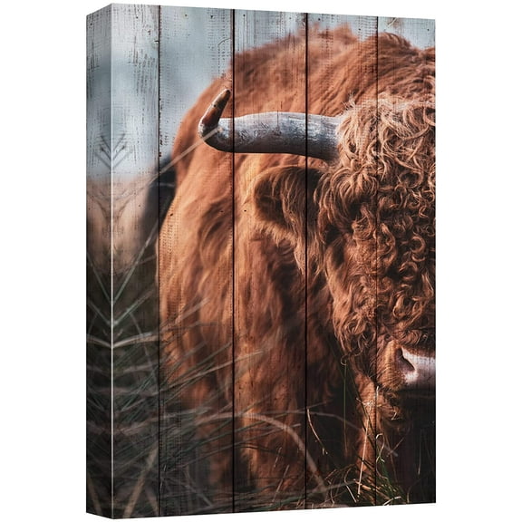 wall26 Canvas Print Wall Art Retro Wood Panel Country Buffalo Bison Nature Animals Digital Art Realism Decorative Farmhouse Zen Rustic Multicolor Wildlife for Living Room, Bedroom, Office - 16"x