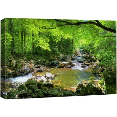 wall26 Canvas Print Wall Art River Through The Green Forest Nature Wilderness Photography Modern Art Rustic Scenic Colorful Multicolor for Living Room, Bedroom, Office - 24&quot;x36&quot;