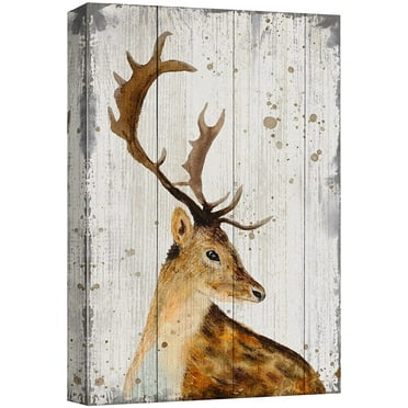 wall26 Canvas Print Wall Art Rustic Forest Deer Animal Retro Wood Panels Nature Wilderness Illustrations Modern Art Bohemian Scenic Relax/Calm Multicolor for Living Room, Bedroom, Office - 32&quot;x4