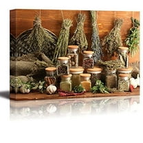 wall26 Canvas Print Wall Art Rustic Italian Style Jarred Spices and Hanging Herbs Fruit Food Photography Realism Chic Scenic Colorful Multicolor Ultra for Living Room, Bedroom, Office - 16"x24&q