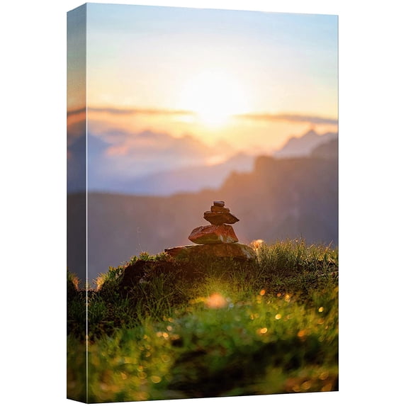 wall26 Canvas Print Wall Art Scenic Rocks in Cloudy Mountain Valley Sunset Nature Wilderness Photography Realism Decorative Yoga Multicolor Relax/Calm Zen for Living Room, Bedroom, Office - 12"x