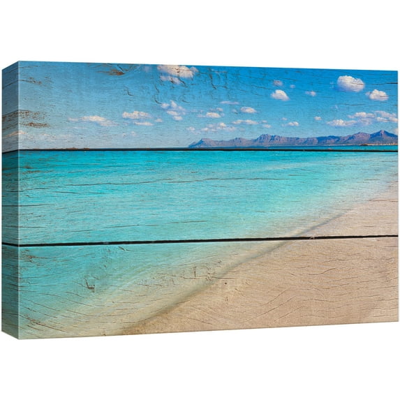wall26 Canvas Print Wall Art Scenic Tropical Sandy Beach on Wood Panels Nature Wilderness Digital Art Realism Chic Colorful Multicolor Ultra for Living Room, Bedroom, Office - 16"x24"