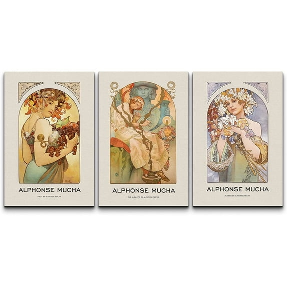wall26 Canvas Print Wall Art Set Alphonse Mucha Art Deco Flower Crown Women Nature People Illustrations Fine Art Decorative Retro Portrait for Living Room, Bedroom, Office - 16"x24" x 3 Pan