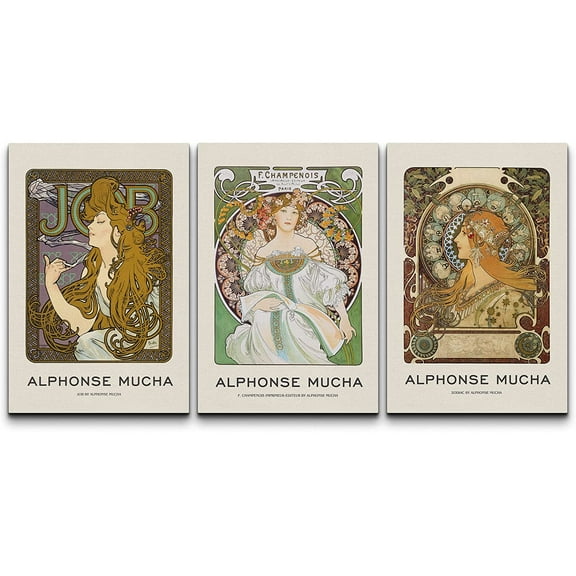 wall26 Canvas Print Wall Art Set Alphonse Mucha Art Nouveau Floral Women Nature People Illustrations Fine Art Decorative Retro Portrait for Living Room, Bedroom, Office - 16"x24" x 3 Panels