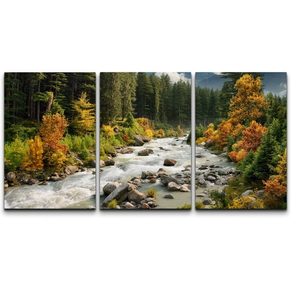 wall26 Canvas Print Wall Art Set Autumn Fall Tree Forest &amp; River Rapids Nature Wilderness Photography Realism Rustic Scenic Colorful Landscape for Living Room, Bedroom, Office - 24"x36"