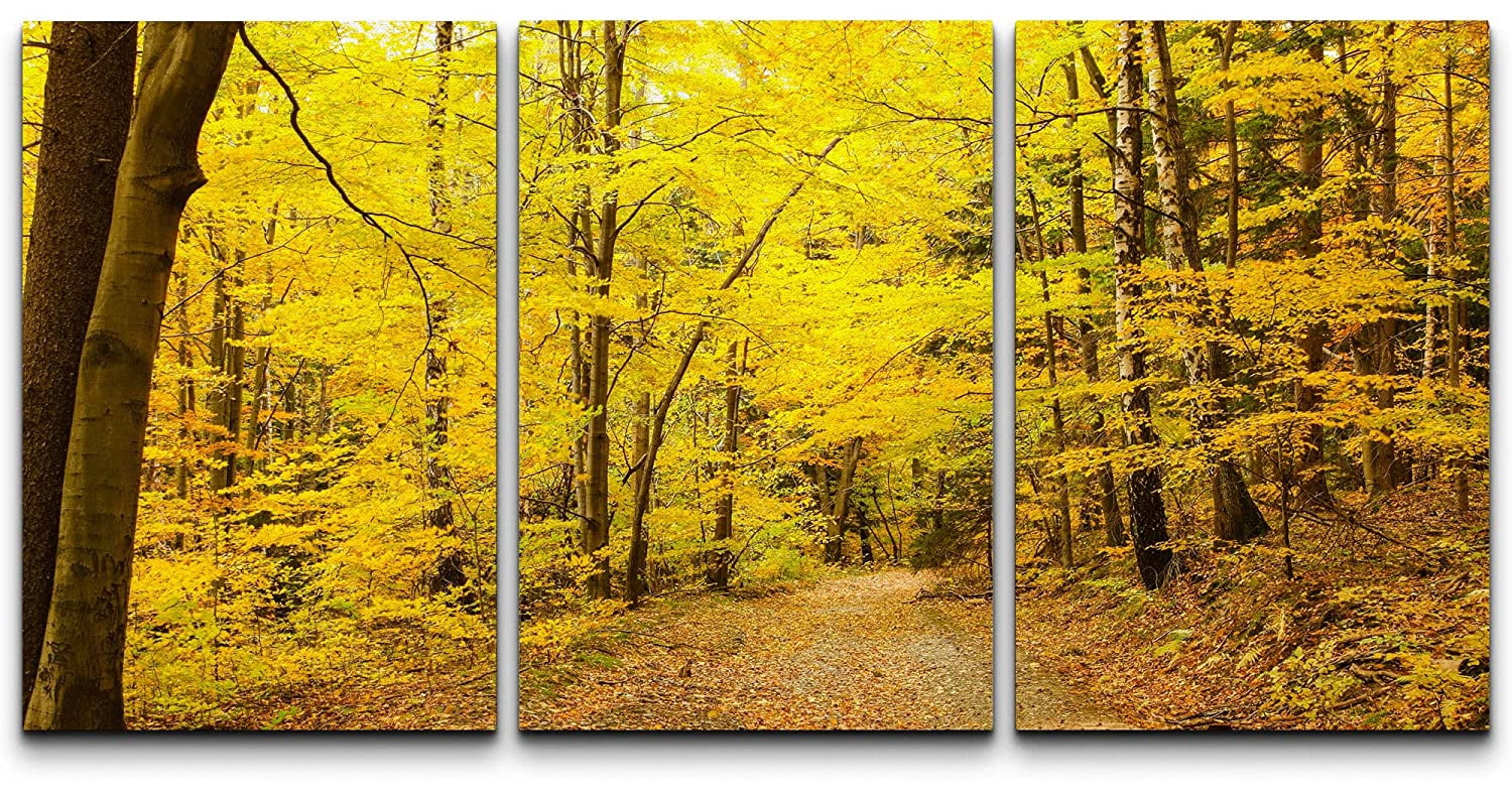 wall26 Canvas Print Wall Art Set Autumn Fall Yellow Forest Tree Path ...