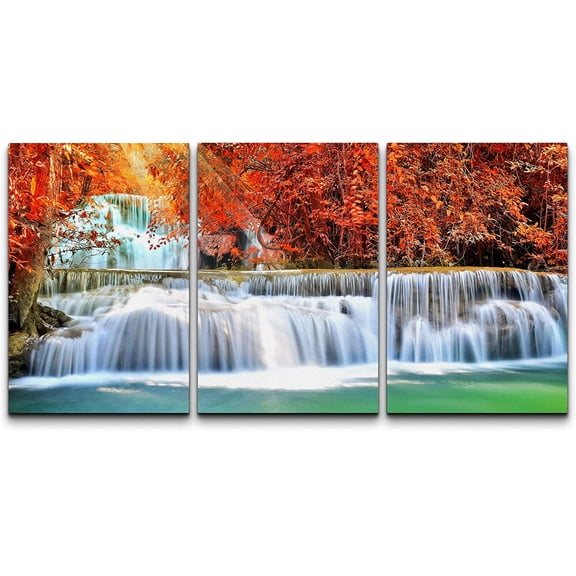 wall26 Canvas Print Wall Art Set Autumn Forest Waterfall River Rapid Nature Wilderness Photography Realism Decorative Landscape Colorful for Living Room, Bedroom, Office - 24"x36" x 3