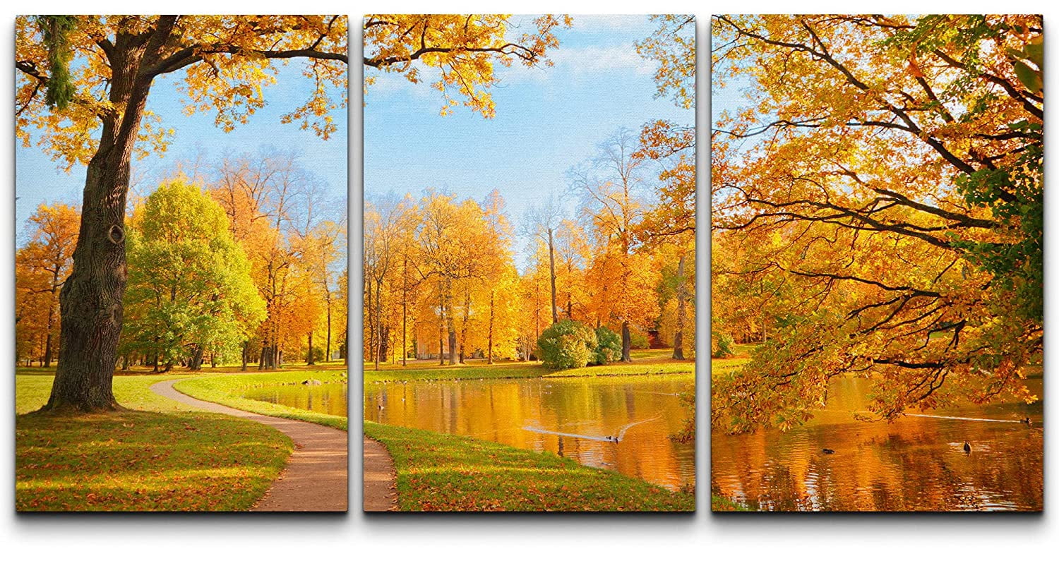 wall26 Canvas Print Wall Art Set Autumn Orange Tree Forest Park Lake ...