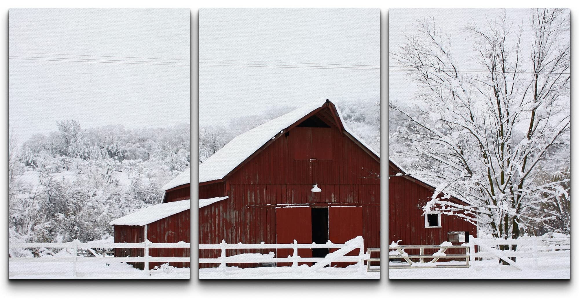 wall26 Canvas Print Wall Art Set Big Red Country Barn in Forest Snow Nature  Wilderness Photography Realism Rustic Scenic Colorful Travel Ultra for ..., image size:2000x1060