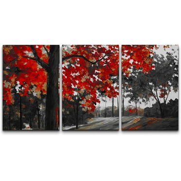 wall26 Canvas Print Wall Art Set Black, White &amp; Red Autumn Countryside Abstract Nature Watercolor Modern Art Rustic Scenic Dramatic Multicolor for Living Room, Bedroom, Office - 16&quot;x24&quot;
