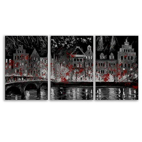 wall26 Canvas Print Wall Art Set Black, White &amp; Red City Riverwalk Abstract Nature Watercolor Modern Art Rustic Scenic Dramatic Multicolor Ultra for Living Room, Bedroom, Office - 24&quot;x36&quo