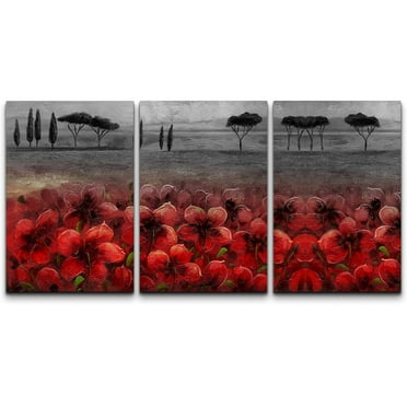 wall26 Canvas Print Wall Art Set Black, White &amp; Red Daisies &amp; Trees Abstract Nature Watercolor Modern Art Rustic Scenic Dramatic Multicolor Ultra for Living Room, Bedroom, Office - 16&quot;x2
