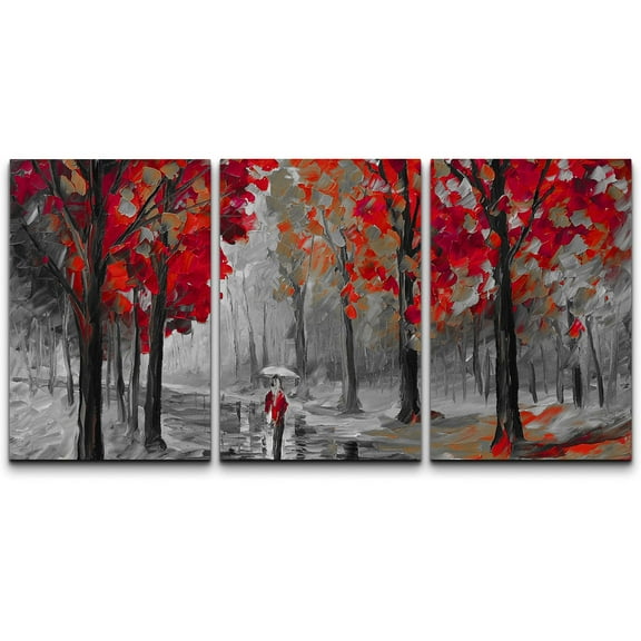 wall26 Canvas Print Wall Art Set Black, White &amp; Red Woman Walking in Forest Abstract Nature Watercolor Modern Art Rustic Scenic Dramatic Multicolor for Living Room, Bedroom, Office - 16"x24&