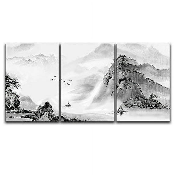wall26 Canvas Print Wall Art Set Black & White Chinese Ink Rainforest Nature Wilderness Illustrations Modern Art Cultural Scenic Relax/Calm for Living Room, Bedroom, Office - 24"x36"x3