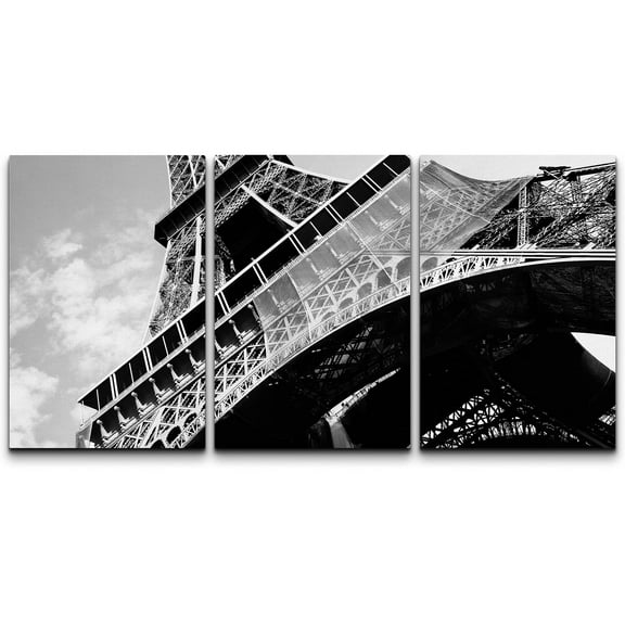 wall26 Canvas Print Wall Art Set Black &amp; White Ground View Eiffel Tower Paris Architecture &amp; Maps Building Realism Global Relax/Calm for Living Room, Bedroom, Office - 24"x36"x3 Pan