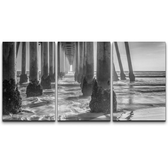 wall26 Canvas Print Wall Art Set Black &amp; White Huntington Beach Pier Nature Ocean Photography Realism Nautical Scenic Relax/Calm Multicolor for Living Room, Bedroom, Office - 24"x36"x3