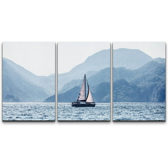 wall26 Canvas Print Wall Art Set Blue Forest Mountain Horizon with Sailboat Nature Wilderness Photography Realism Rustic Scenic Colorful Travel for Living Room, Bedroom, Office - 24"x36"x3