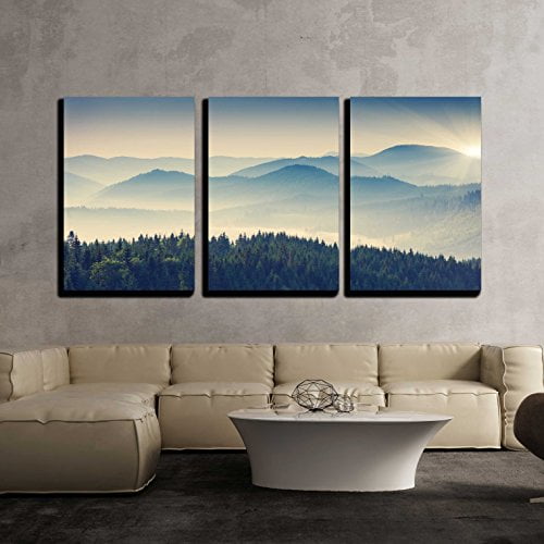 wall26 Canvas Print Wall Art Set Blue Mountain Ranges &amp; Green Forest Nature Wilderness Photography Realism Chic Scenic Relax/Calm Multicolor for Living Room, Bedroom, Office - 16"x24"x3