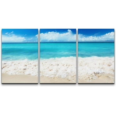 wall26 Canvas Print Wall Art Set Blue Ocean Horizon with Sand and Seafoam Nature Wilderness Photography Realism Rustic Scenic Colorful Travel Ultra for Living Room, Bedroom, Office - 16&quot;x24&quot
