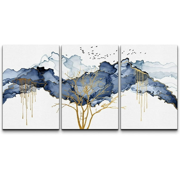 wall26 Canvas Print Wall Art Set Blue Pastel Paint Stroke Cloud Birds Gold Tree Nature Abstract Illustrations Modern Art Rustic Landscape for Living Room, Bedroom, Office - 16"x24"x3 Panels