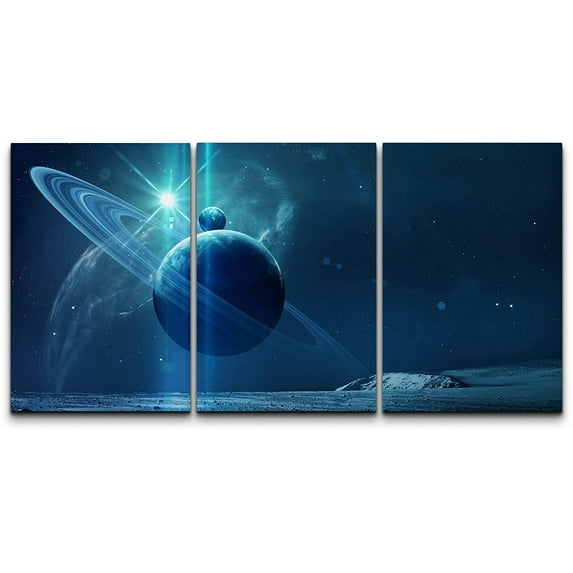 wall26 Canvas Print Wall Art Set Blue Saturn Ring Starlight Sky Astronomy & Space Nature Digital Art Sci-Fi & Fantasy Decorative Landscape for Living Room, Bedroom, Office - 24"x36"