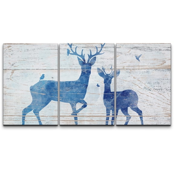 wall26 Canvas Print Wall Art Set Blue Watercolor Deer Duo &amp; Birds on Wood Panels Animals Wildlife Woodblock Modern Art Rustic Scenic Dramatic for Living Room, Bedroom, Office - 24"x36"x